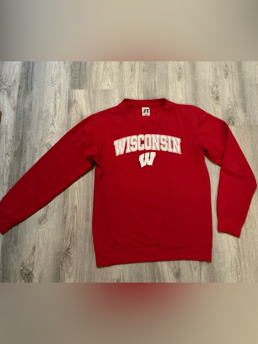 Russell Athletic Bright Red Crewneck Sweatshirt with Wisconsin Logo